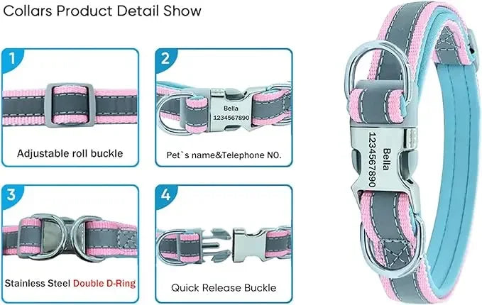 Adjustable Reflective Personalized Dog Collar Free Engraving Custom ID Collars Durable Puppy Collar for Small Medium Large Dogs