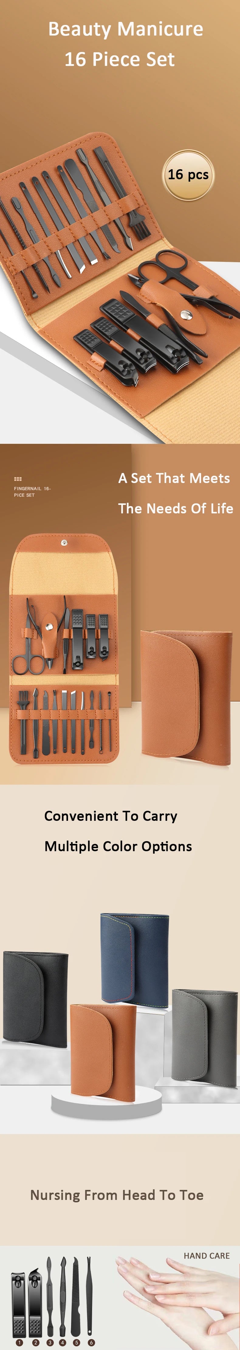 Manicure Set 16 In 1 Professional Full Function Kit Stainless Steel Pedicure Sets With Leather Portable Case Idea Gift