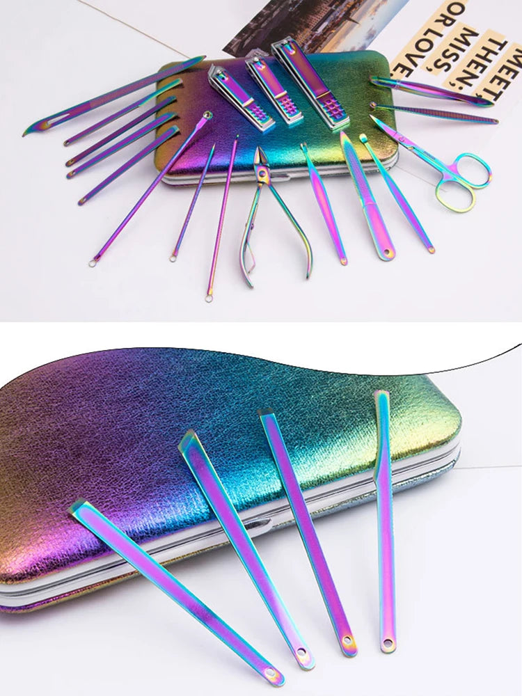 Rainbow Manicure Kits 18 Pcs Nail Clippers for Women Gift Women's Rainbow Leather Manicure Set 18-RainbowManicure Kits