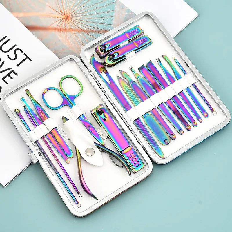 Rainbow Manicure Kits 18 Pcs Nail Clippers for Women Gift Women's Rainbow Leather Manicure Set 18-RainbowManicure Kits