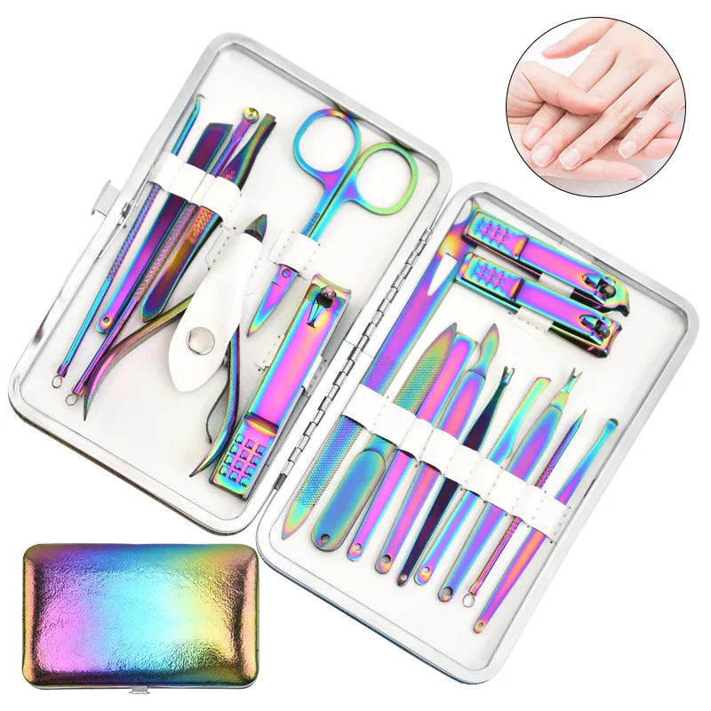 Rainbow Manicure Kits 18 Pcs Nail Clippers for Women Gift Women's Rainbow Leather Manicure Set 18-RainbowManicure Kits