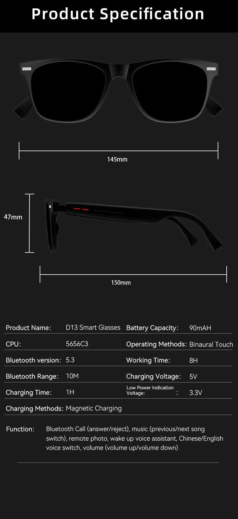 Smart Glasses Camera Remote Shoot Bluetooth Call Music Stereo Mic Men Touch Sunglasses AI Voice Assistant For Android IOS Phone