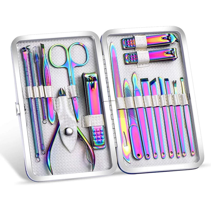 Rainbow Manicure Kits 18 Pcs Nail Clippers for Women Gift Women's Rainbow Leather Manicure Set 18-RainbowManicure Kits