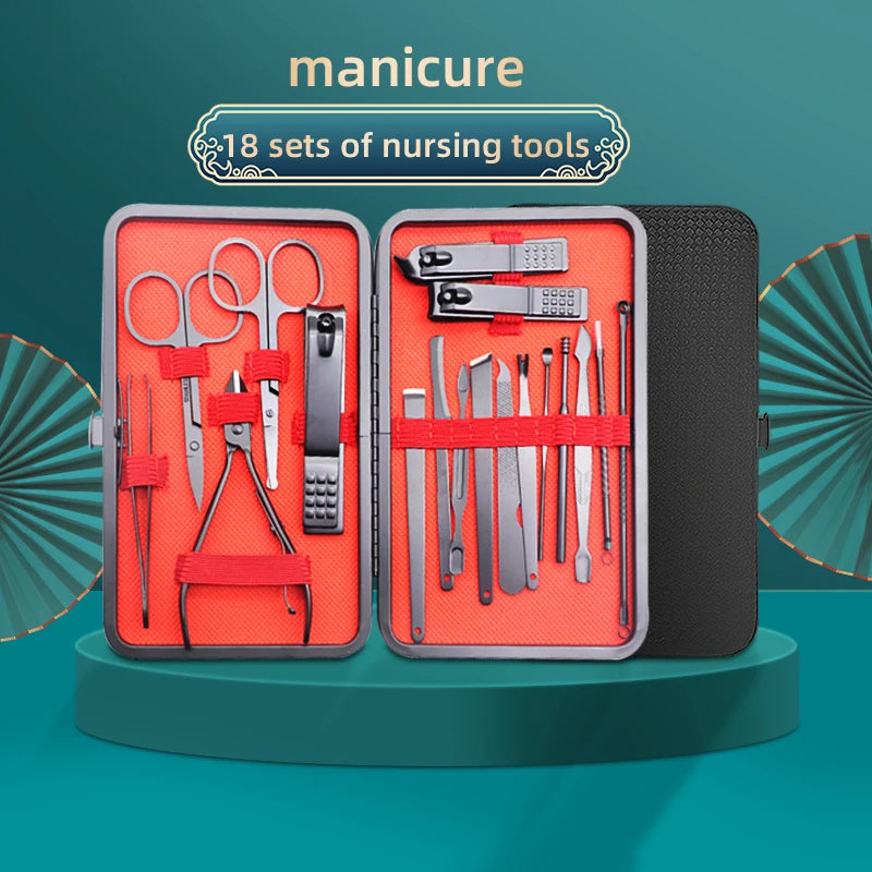 12/18/24pcs Manicure Set Nail Clippers Kit Professional Stainless Steel Nail Care Tools with Leather Travel Case
