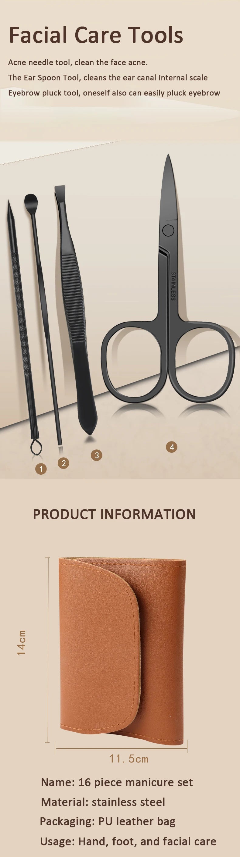 Manicure Set 16 In 1 Professional Full Function Kit Stainless Steel Pedicure Sets With Leather Portable Case Idea Gift