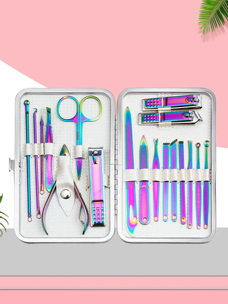 Rainbow Manicure Kits 18 Pcs Nail Clippers for Women Gift Women's Rainbow Leather Manicure Set 18-RainbowManicure Kits