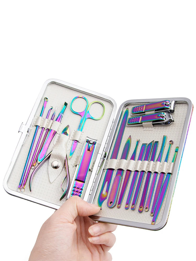 Rainbow Manicure Kits 18 Pcs Nail Clippers for Women Gift Women's Rainbow Leather Manicure Set 18-RainbowManicure Kits