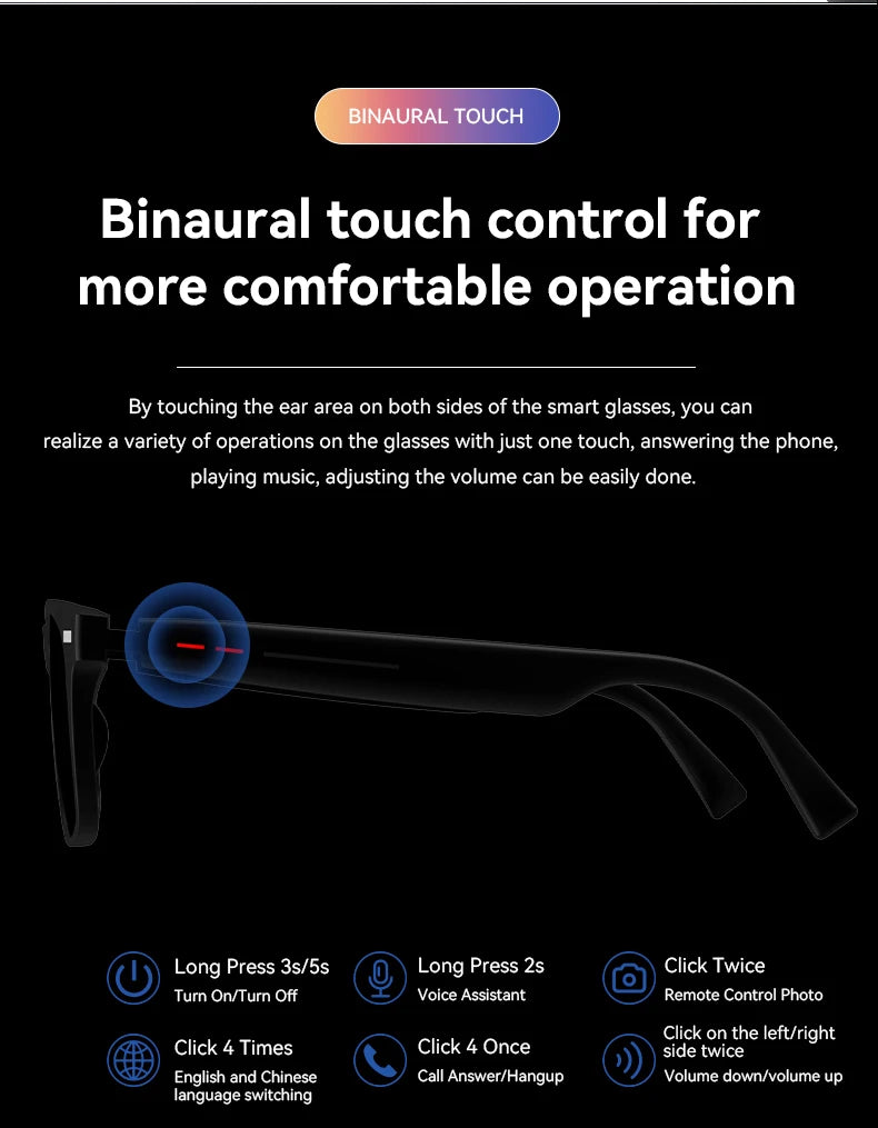 Smart Glasses Camera Remote Shoot Bluetooth Call Music Stereo Mic Men Touch Sunglasses AI Voice Assistant For Android IOS Phone