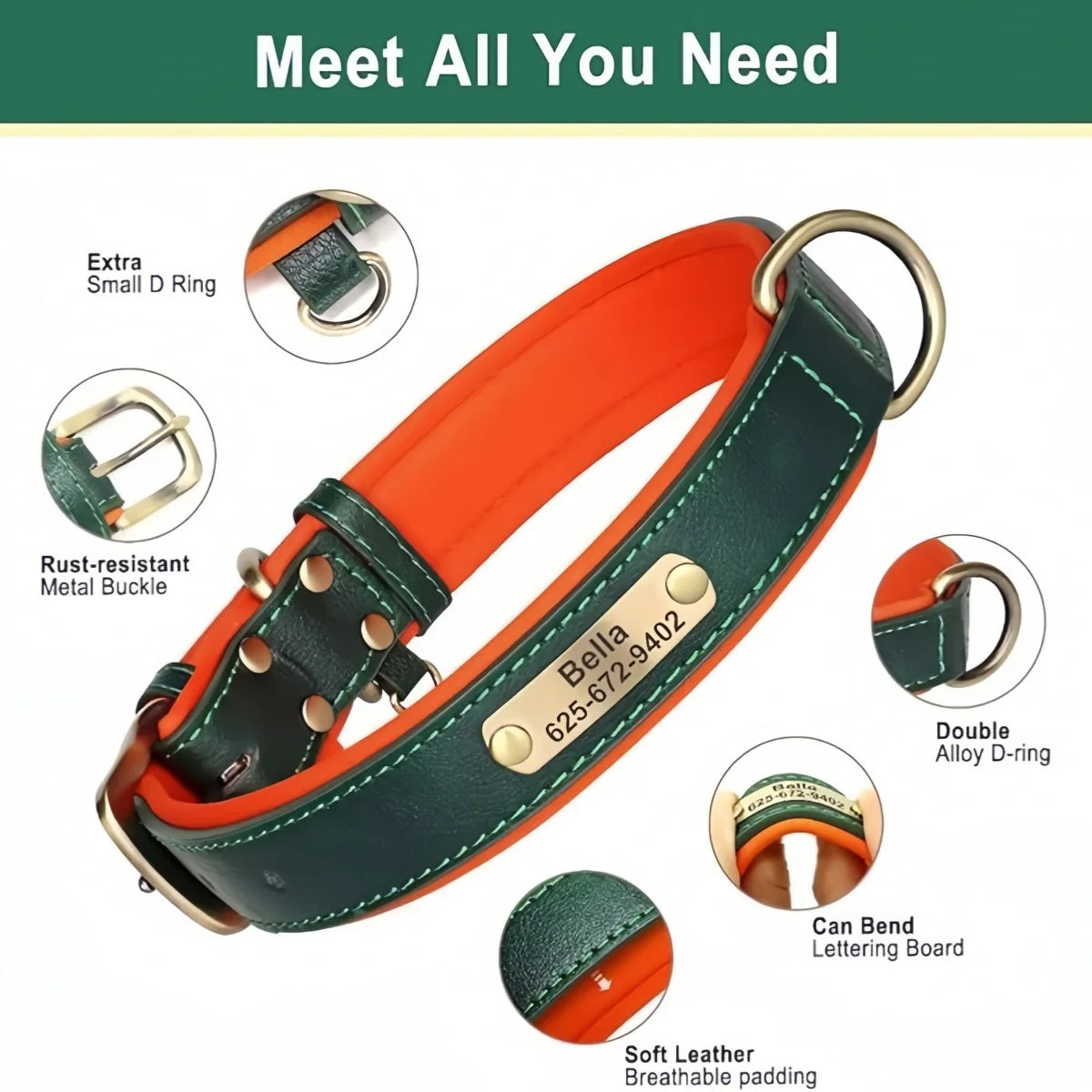 Personalized Customized Leather ID Nameplate Dog Collar Soft Padded Dogs Collars Free Engraving Name for Small Medium Large Dogs