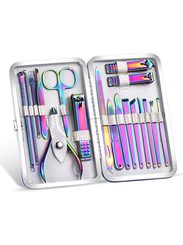 Rainbow Manicure Kits 18 Pcs Nail Clippers for Women Gift Women's Rainbow Leather Manicure Set 18-RainbowManicure Kits