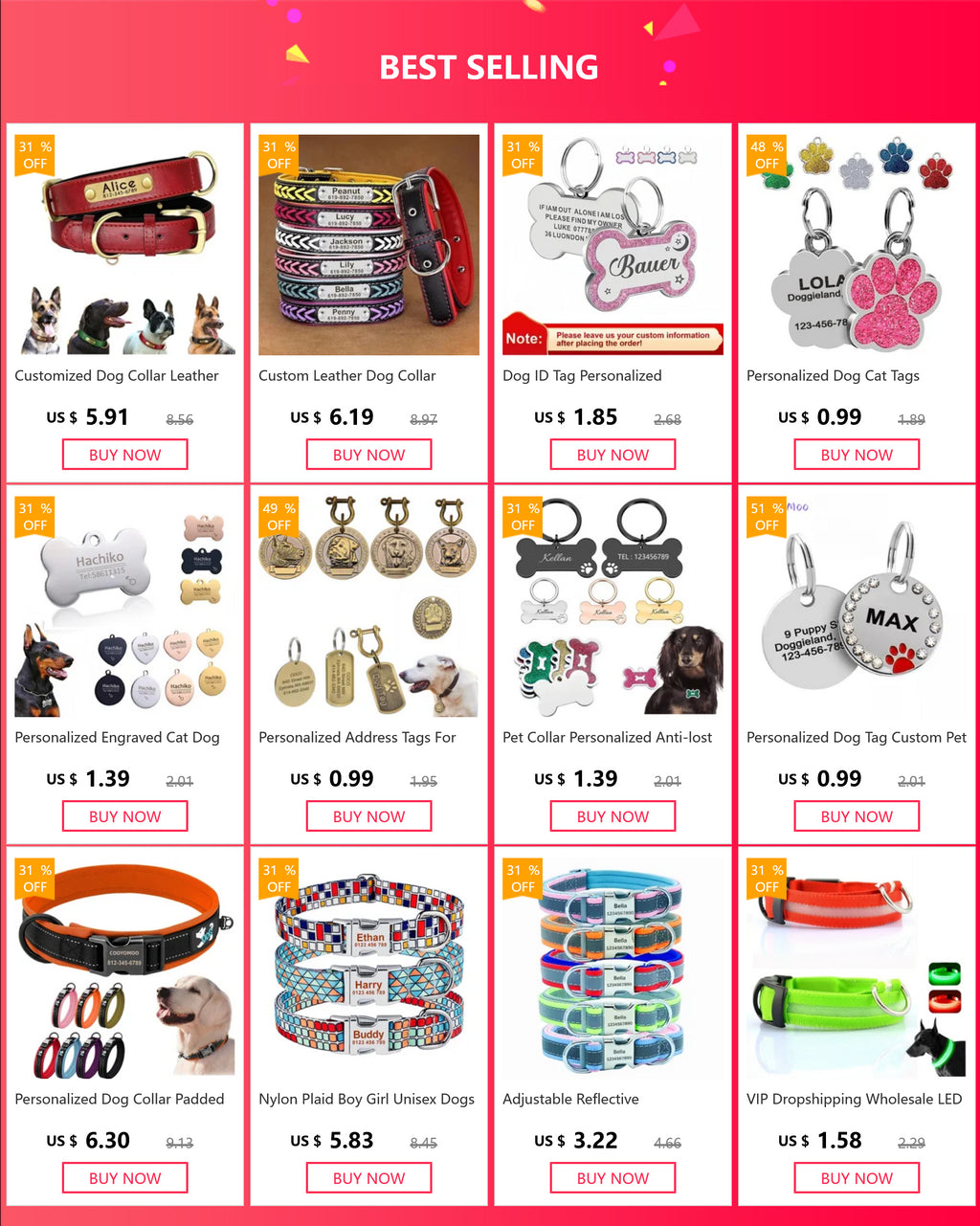 Adjustable Reflective Personalized Dog Collar Free Engraving Custom ID Collars Durable Puppy Collar for Small Medium Large Dogs