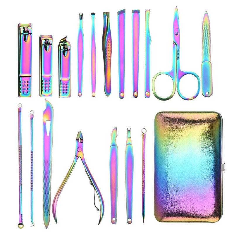 Rainbow Manicure Kits 18 Pcs Nail Clippers for Women Gift Women's Rainbow Leather Manicure Set 18-RainbowManicure Kits