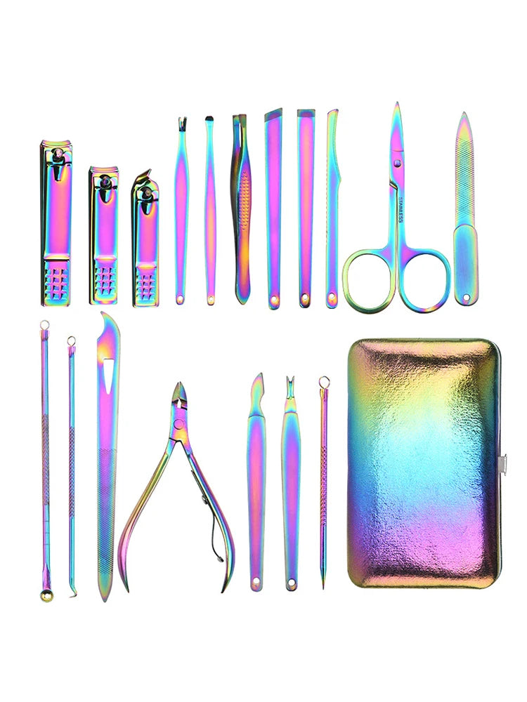 Rainbow Manicure Kits 18 Pcs Nail Clippers for Women Gift Women's Rainbow Leather Manicure Set 18-RainbowManicure Kits