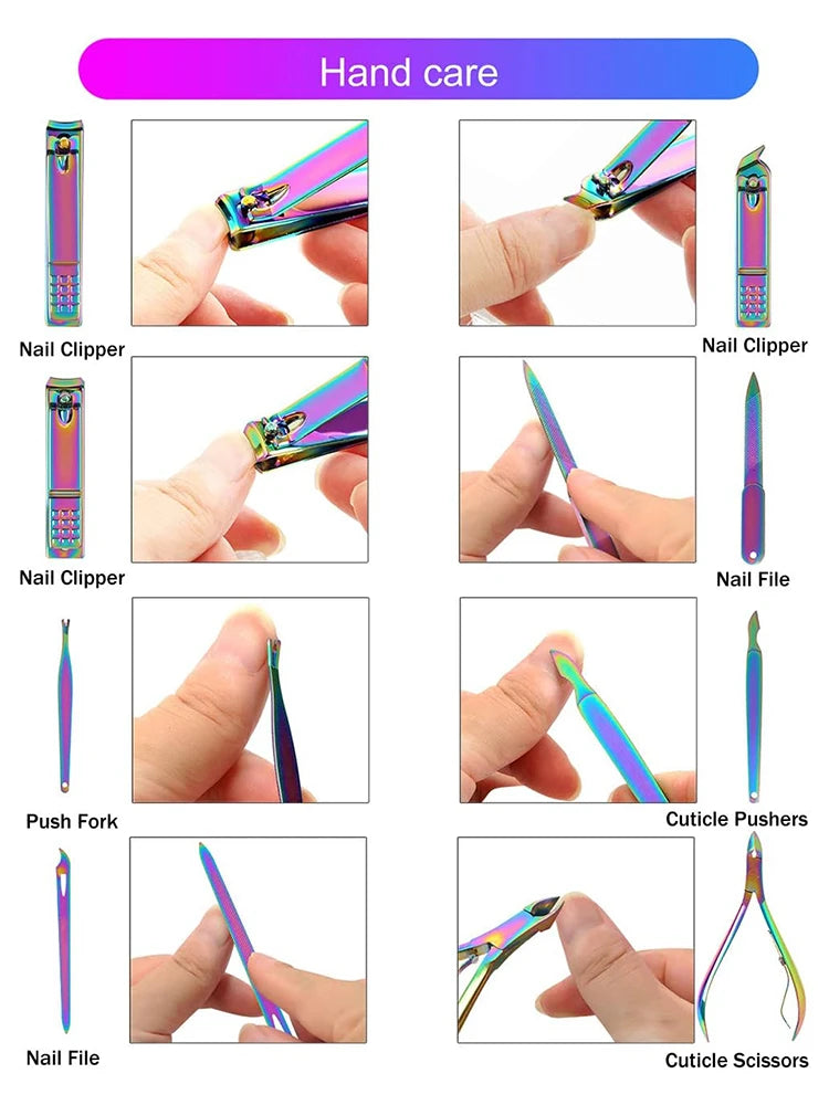 Rainbow Manicure Kits 18 Pcs Nail Clippers for Women Gift Women's Rainbow Leather Manicure Set 18-RainbowManicure Kits