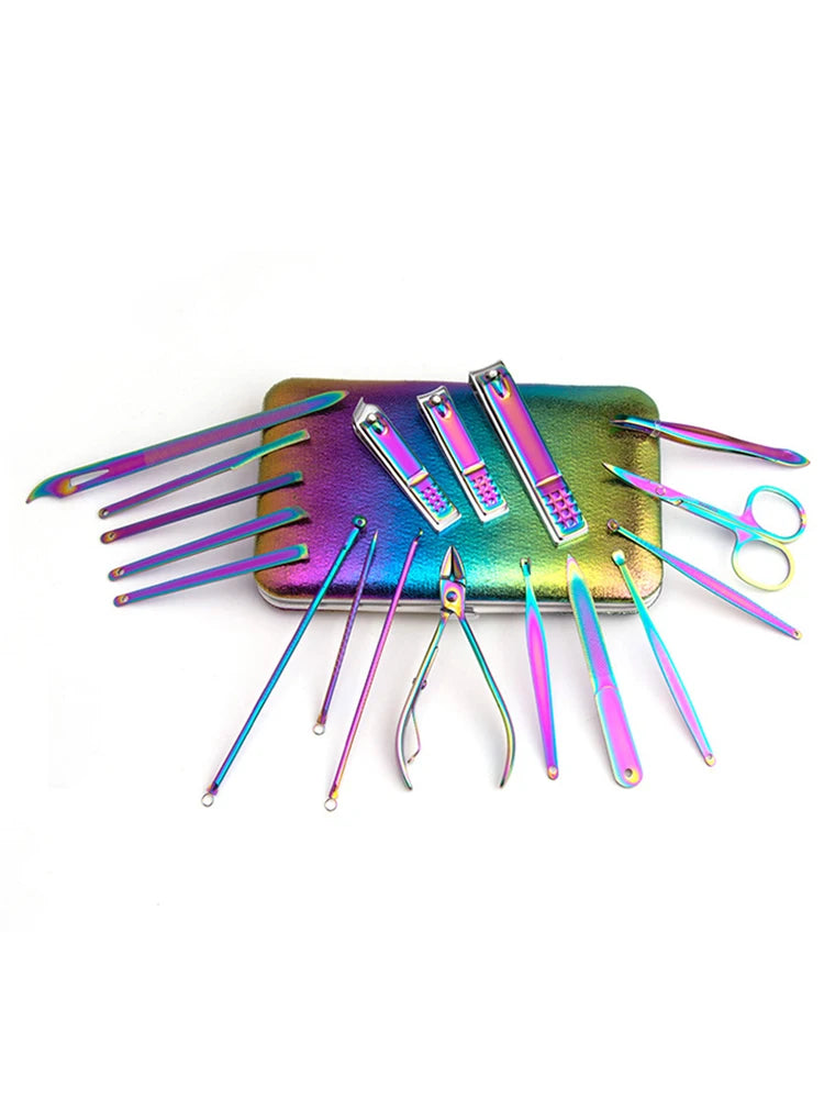 Rainbow Manicure Kits 18 Pcs Nail Clippers for Women Gift Women's Rainbow Leather Manicure Set 18-RainbowManicure Kits